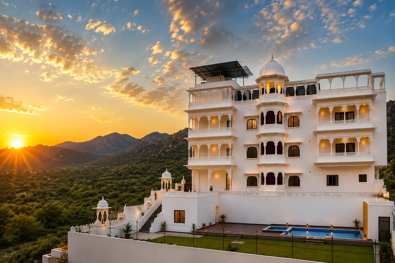MIJMAAN's white facade glowing at sunset, the Aravalli Hills behind