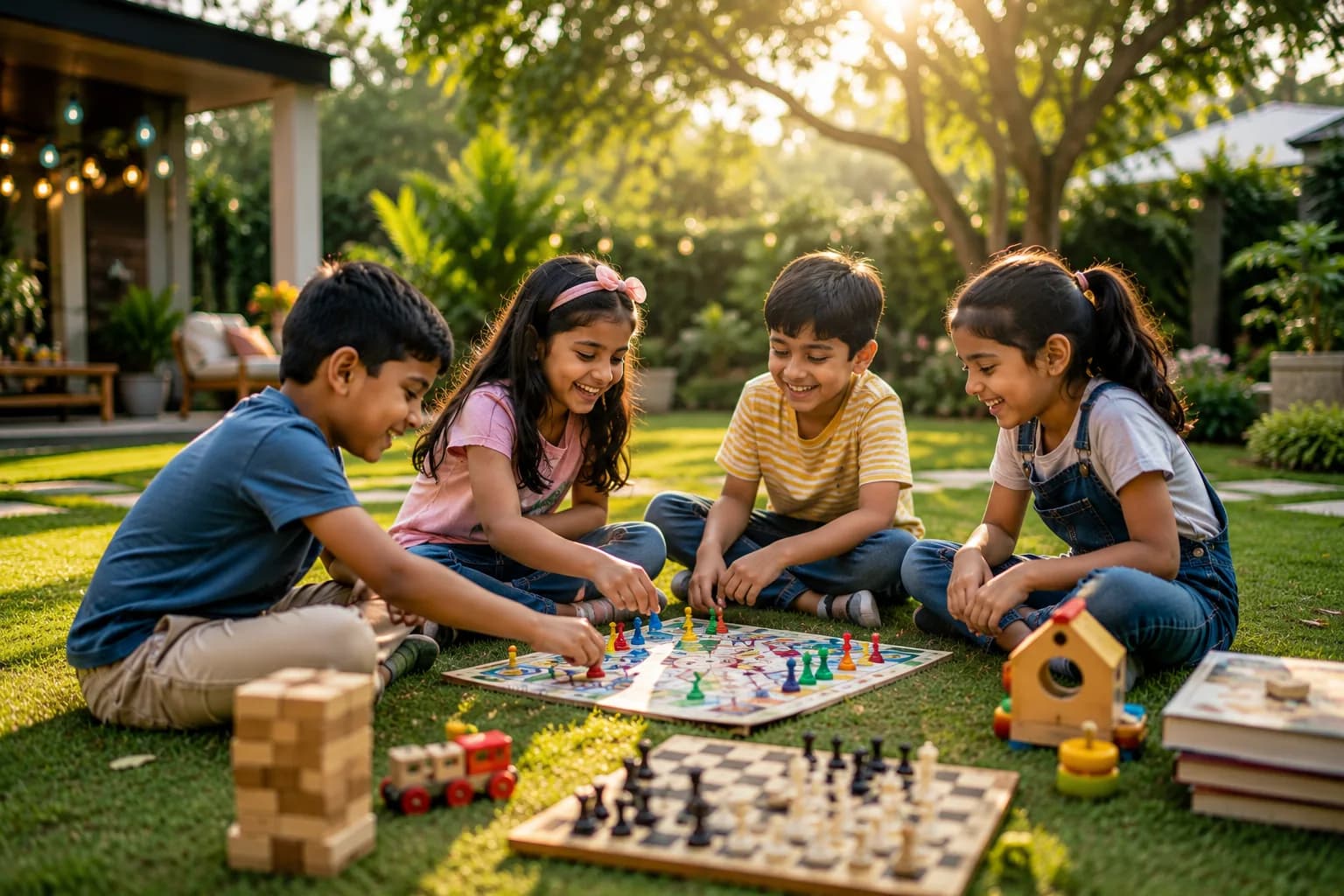 Four children playing board games together on the lawn in a sunlit garden