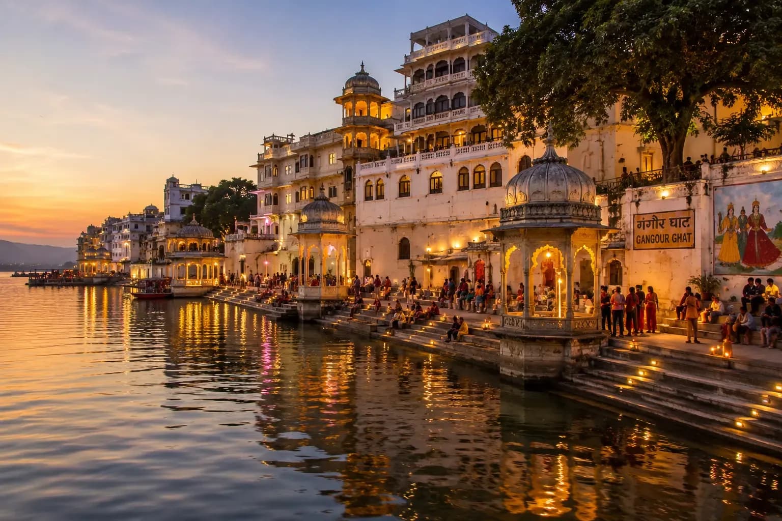 Gangaur Ghat at dusk, oil lamps glowing along the steps as people gather by Lake Pichola