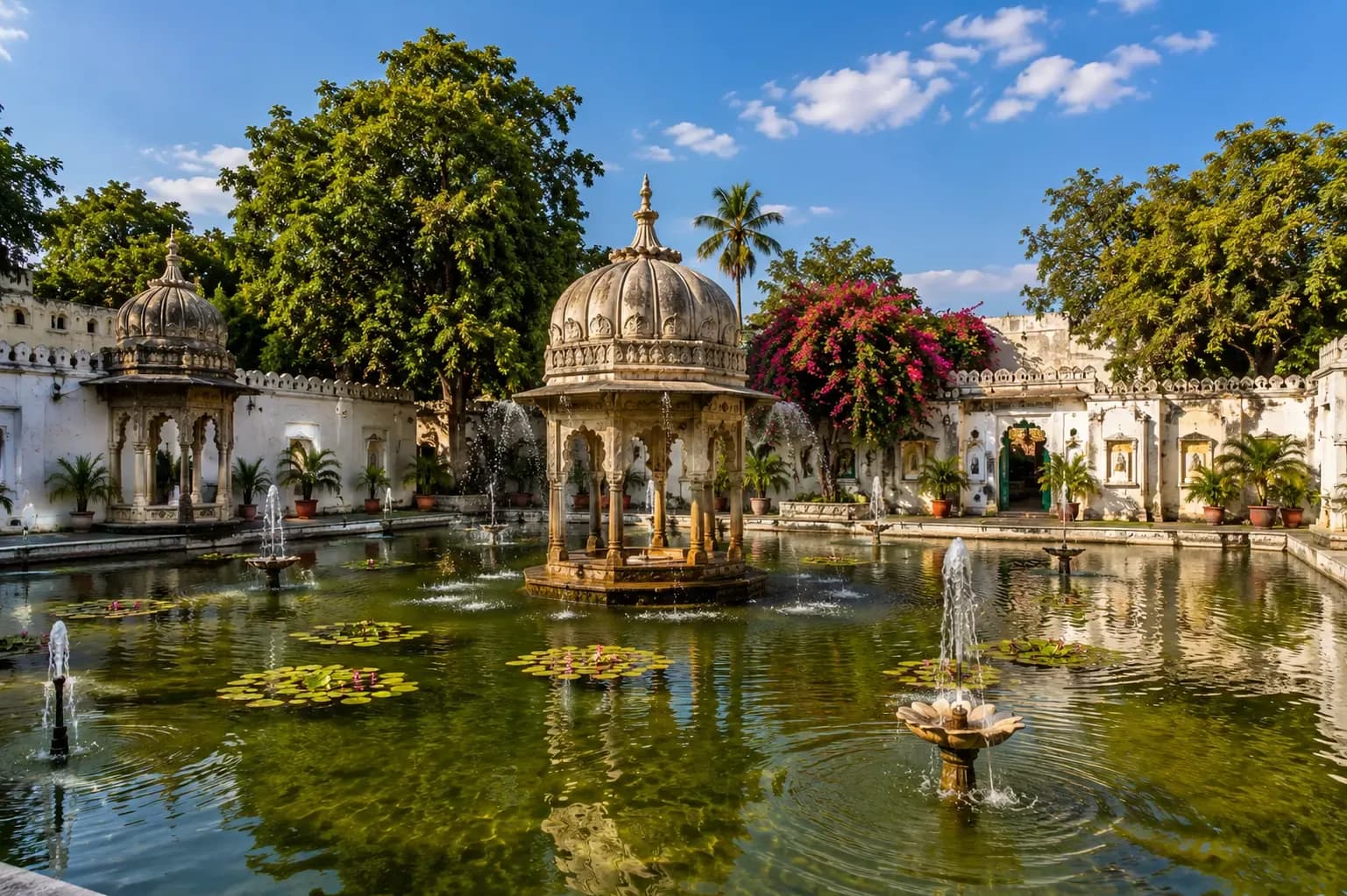 White pavilions and arched parapet reflected in the still pool of Saheliyon ki Bari