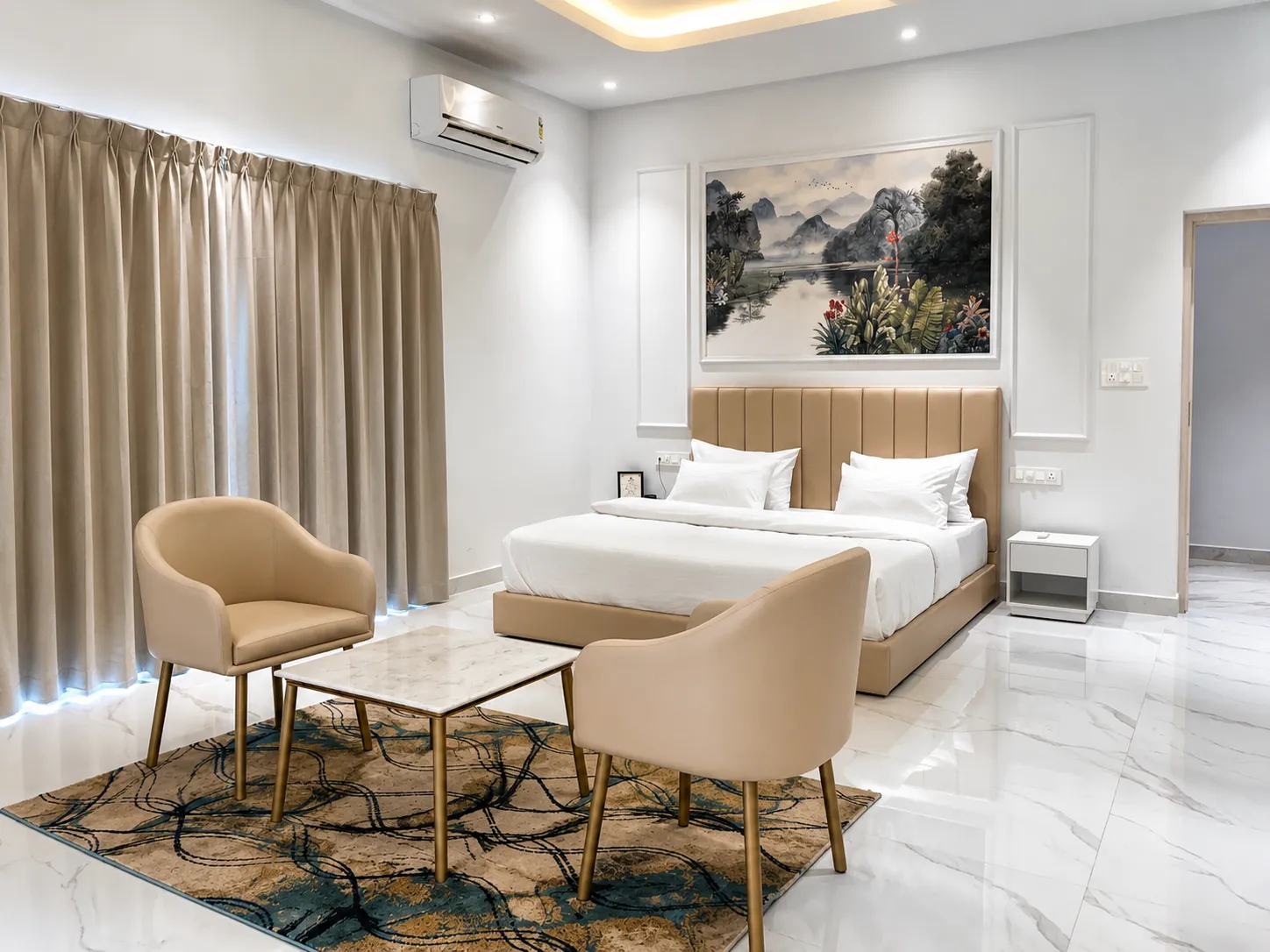 Bedroom with beige bed beneath a misty river-landscape mural